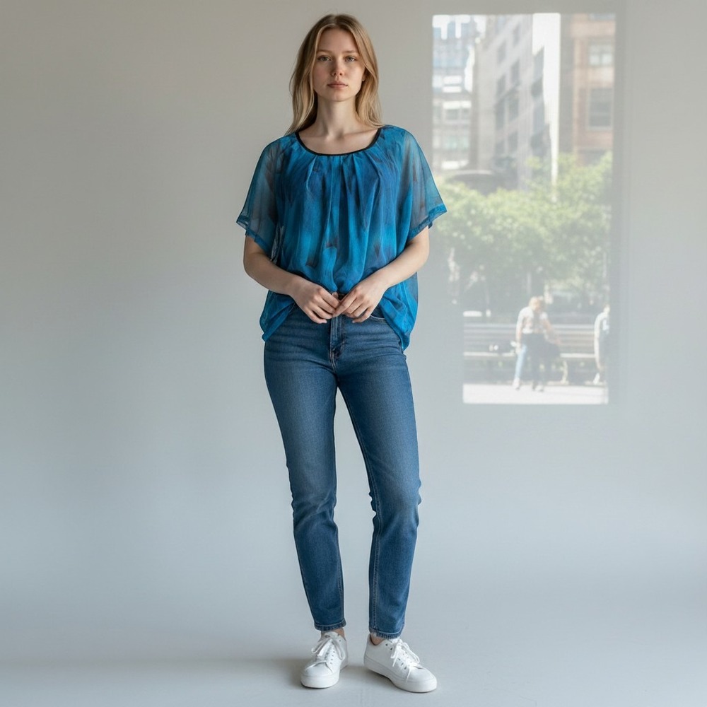 BaiShengGT Blue Black Feather Print Sheer Mesh Pleated Top Lined L Fairycore Y2K